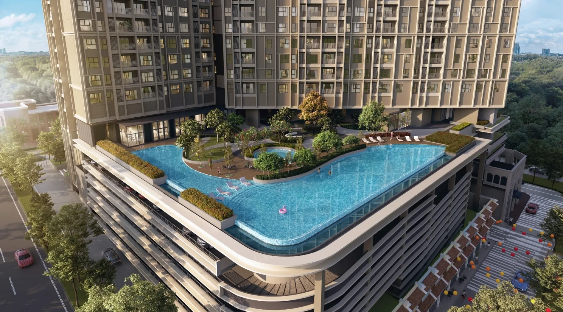 Artist impression of The Aldenz @ Central Park Damansara — the resort-style rooftop pool deck below the residential tower