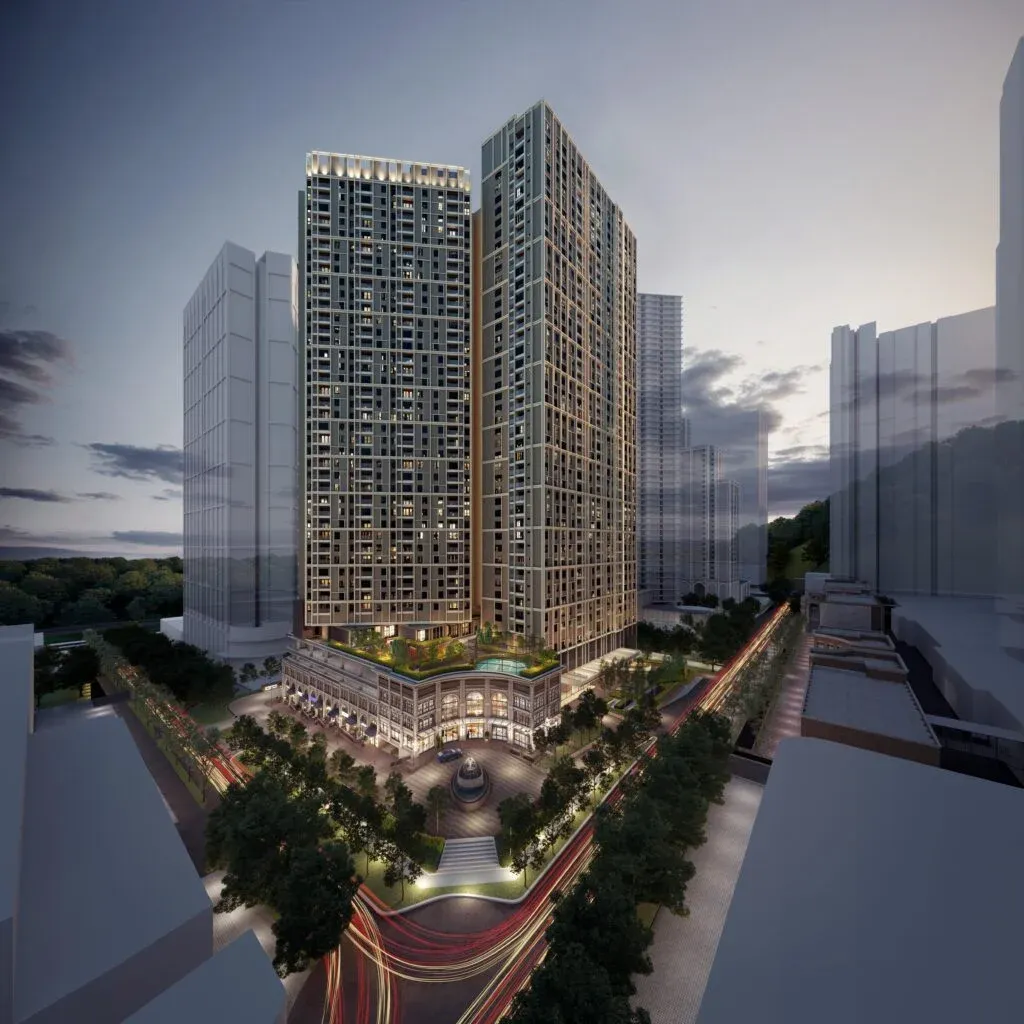 Artist impression of The Aldenz — tower, podium retail and tree-lined streets at dusk