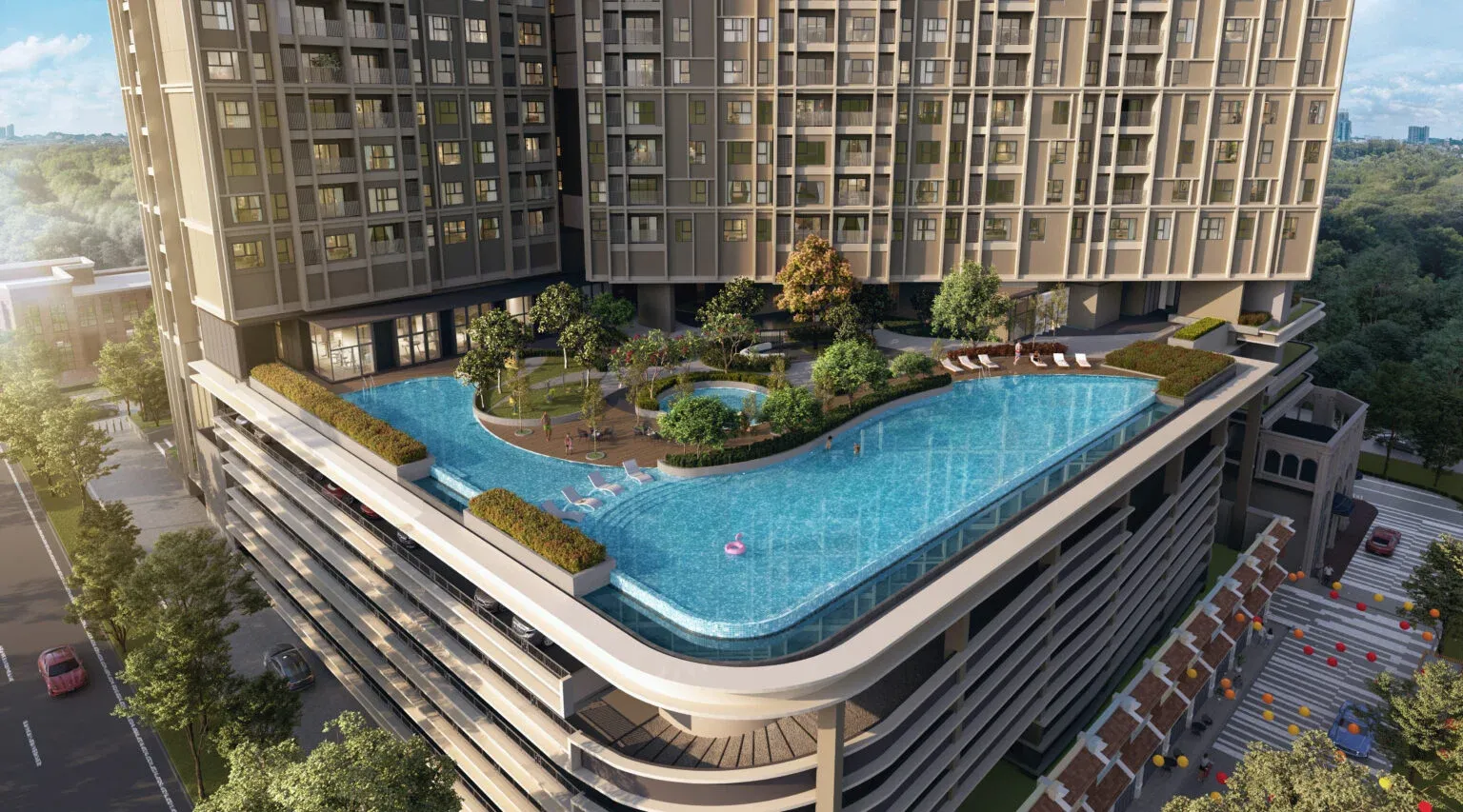 Aerial artist impression of the overall facilities deck at The Aldenz