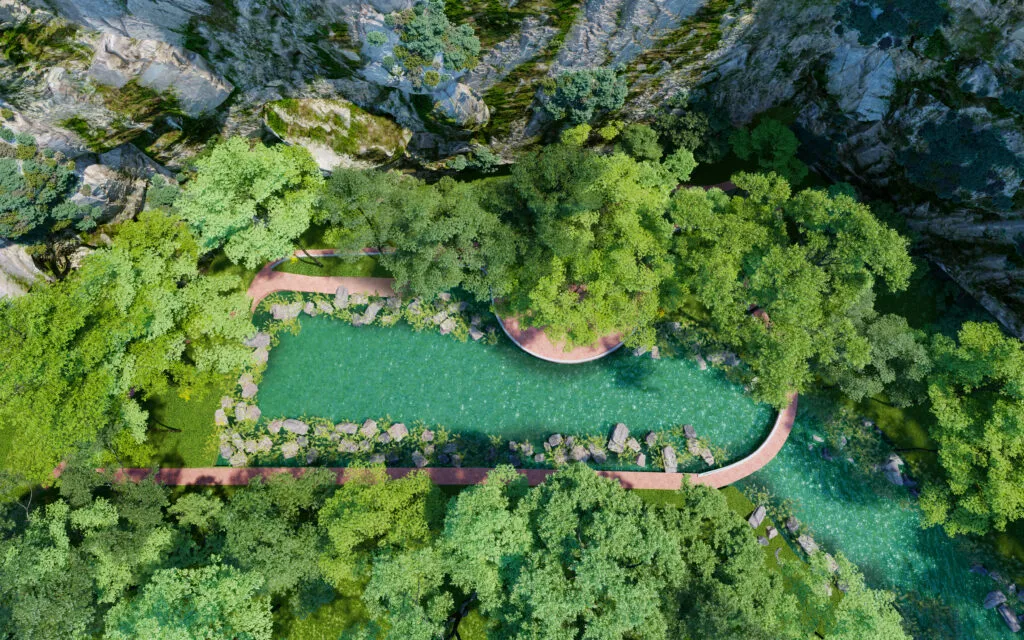 Aerial artist impression of the leisure park and detention pond at Central Park Damansara