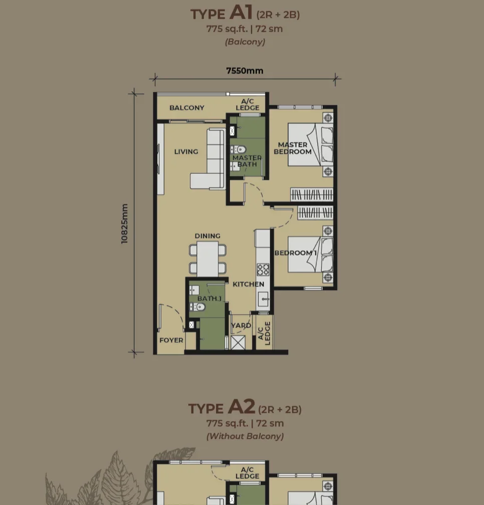 Floor plan of The Aldenz Type A — 775 sq ft, 2-bedroom, 2-bathroom layout