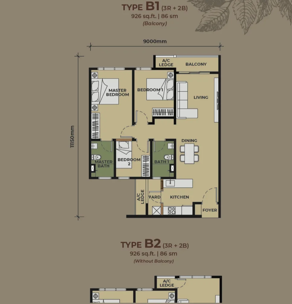 Floor plan of The Aldenz Type B — 926 sq ft, 3-bedroom, 2-bathroom layout