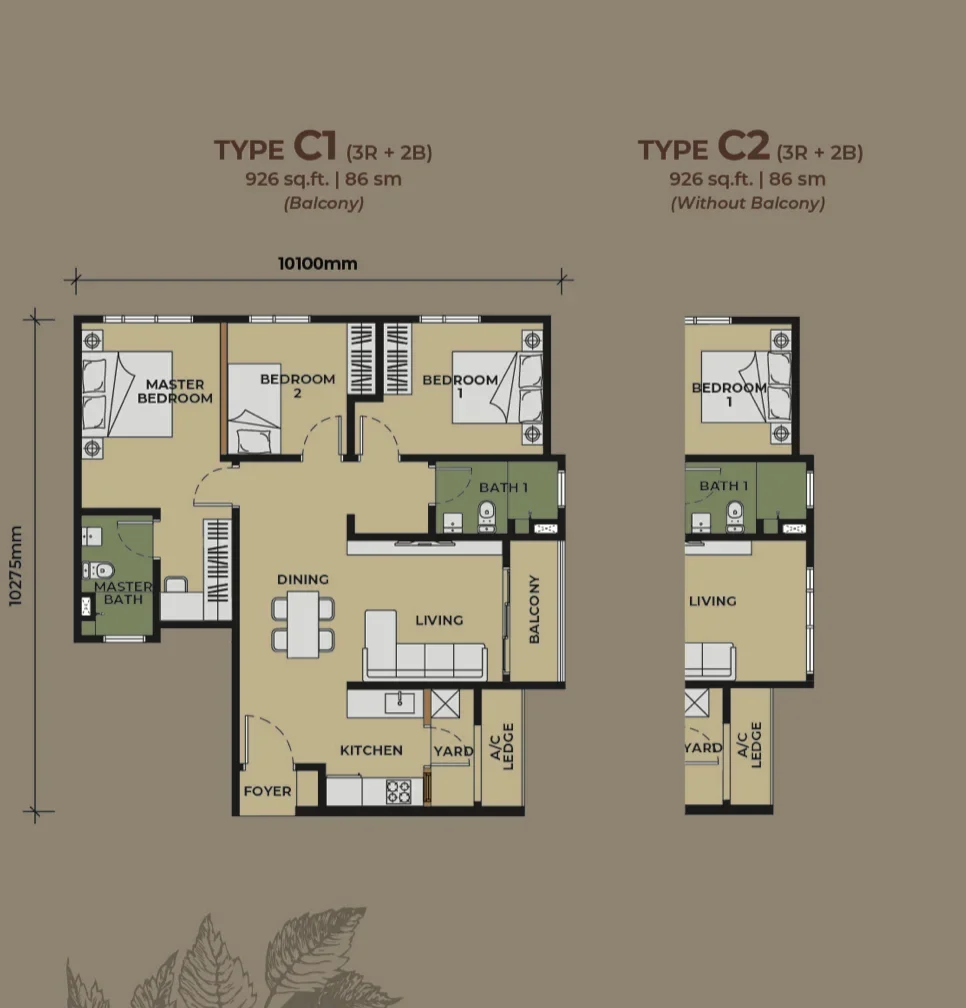 Floor plan of The Aldenz Type C — 926 sq ft, 3-bedroom, 2-bathroom layout