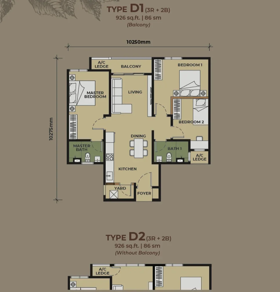 Floor plan of The Aldenz Type D — 926 sq ft, 3-bedroom, 2-bathroom layout