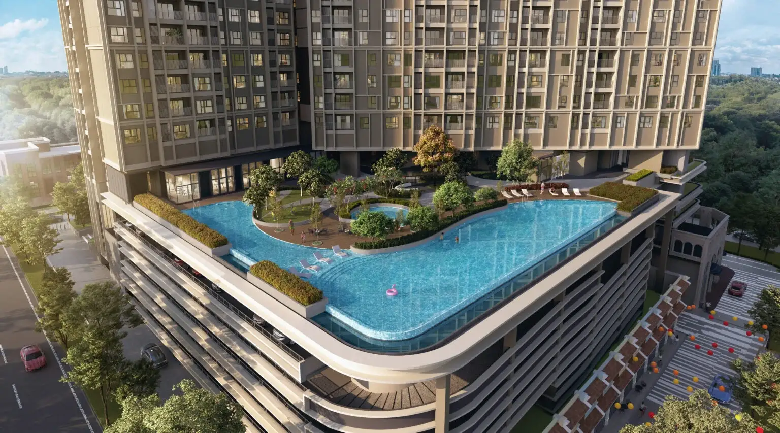Artist impression of The Aldenz @ Central Park Damansara — resort-style rooftop pool deck below the residential tower