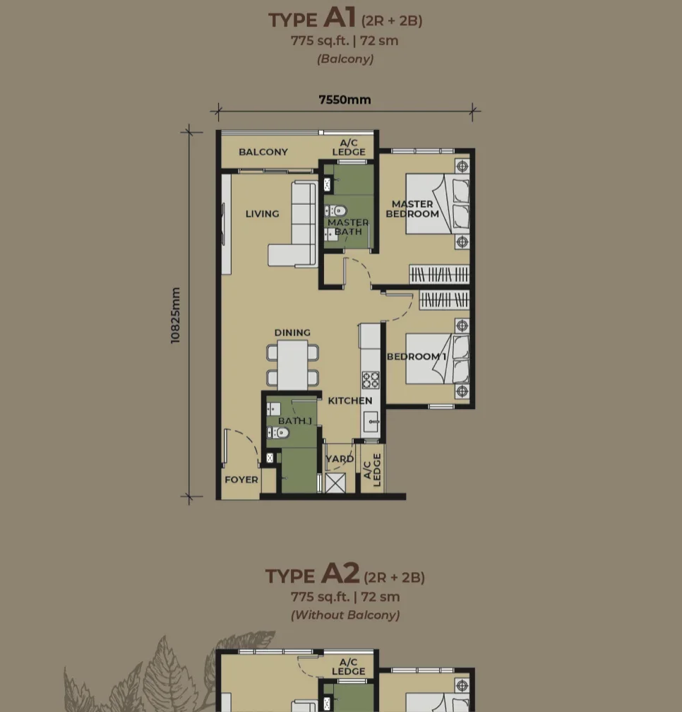 Floor plan of The Aldenz Type A — 775 sq ft, 2-bedroom, 2-bathroom layout